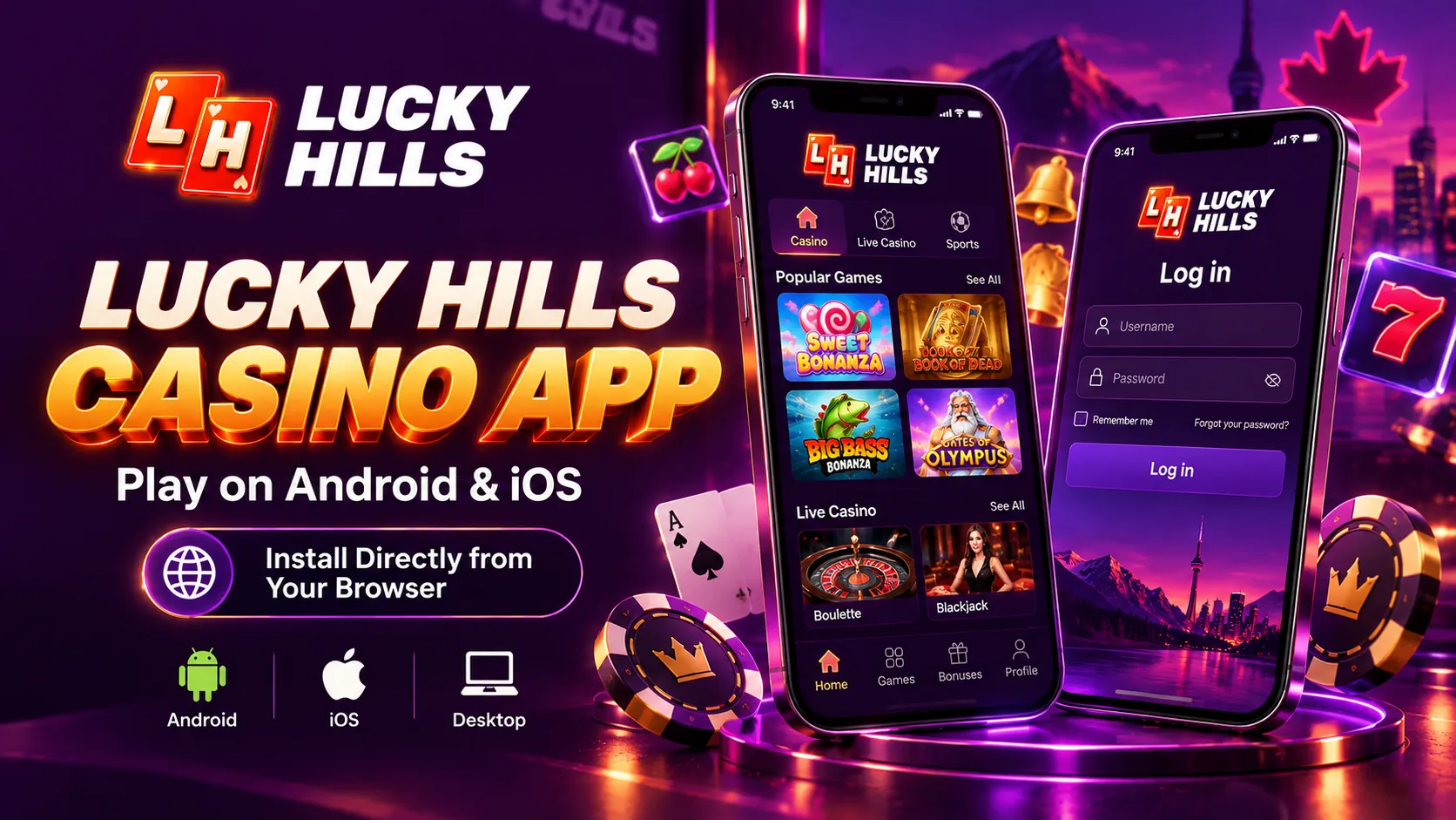 Lucky Hills Casino app on two smartphones showing the game lobby and login screen
